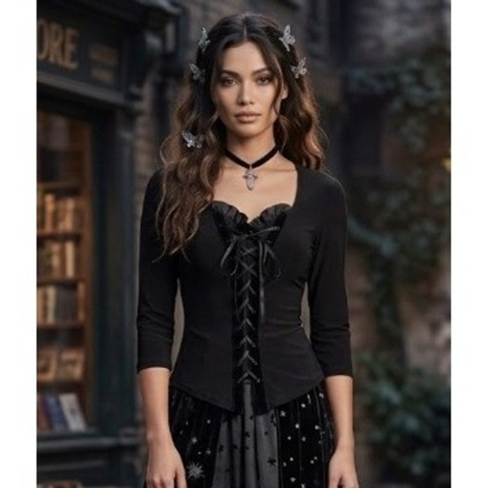 Y2K Lace Up Corset Whimsigoth Blouse Women Size S Black Front Velvet Trim Grunge